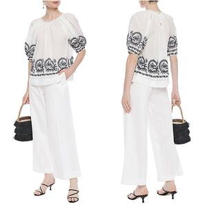 Ulla Johnson Blanc Blythe Cotton-voile Embroidered Lattice trims Blouse Top